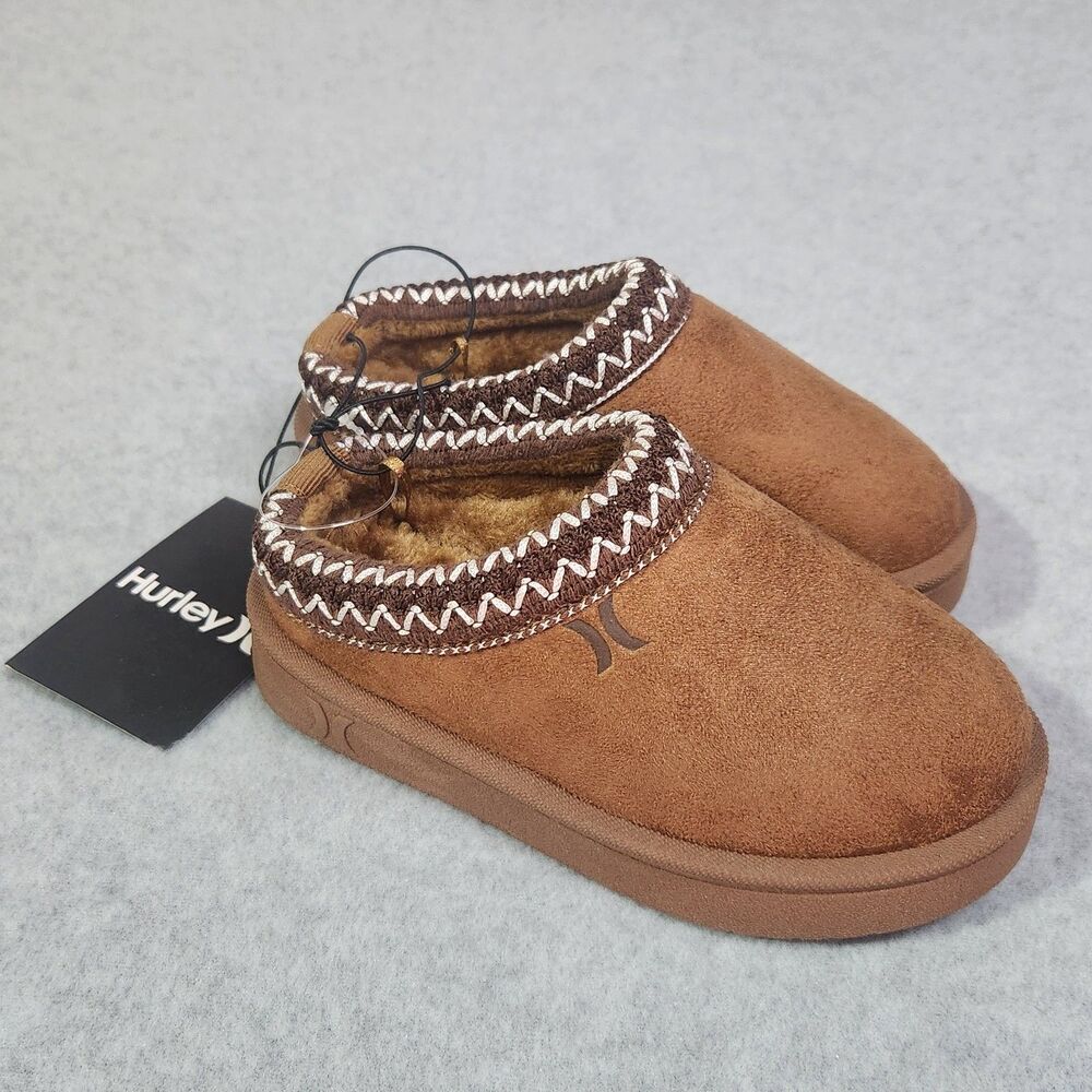 Hurley Kids Modi Slippers Size 9 Chestnut Brown Faux Suede Fur Lined